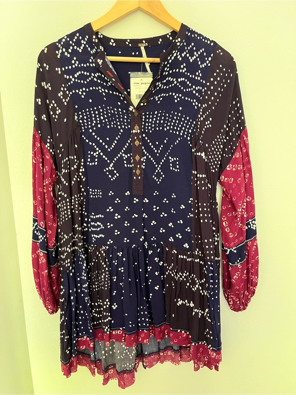 Free People Navy and Burgundy Printed Boho Tunic